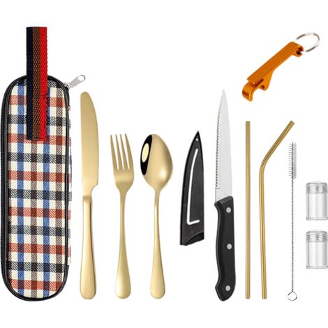 Couverts Reutilisables Pour Voyage - Couteau Fourchette Cuillère Baguettes Pailles En Acier Inoxydable - Boîte De Rangement Incluse - Lot De 1 (1/5)