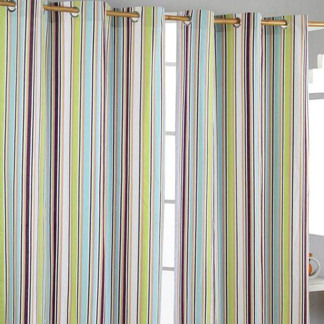 HOMESCAPES Osaka Green Stripes Ready Made Eyelet Curtain Pair, 117 x 137 cm Drop
