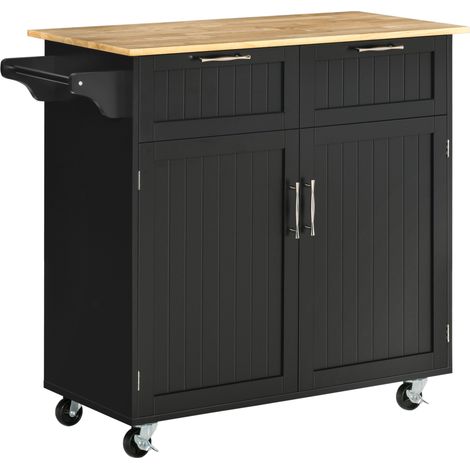 Carrello da Cucina Multiuso in Legno con 2 Cassetti, Armadietto e 4 Ruote, 104x46x91cm, Nero