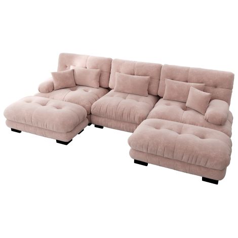 Canapé d'angle modulaire de luxe – Canapé de salon en forme de U aux dimensions généreuses, doté d'une assise profonde et d'une fonction convertible (pouf inclus) revêtement en tissu chenille rose. (1/5)
