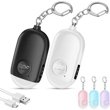 130DB Lot de 2 Alarmes Personnelles Anti-Agression Rechargeables Avec Porte-clé et LED Lampe de Poche - Pour Femme, Enfants, Personnes Âgées (Blanc+Noir)
