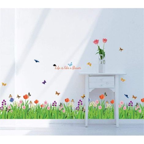 Ahlsen Wandaufkleber, grüne Grasblumen mit Schmetterlingen, dekorative Aufkleber für Eckwanddekoration, Kinderzimmer, Fußleiste, Wohnzimmer
