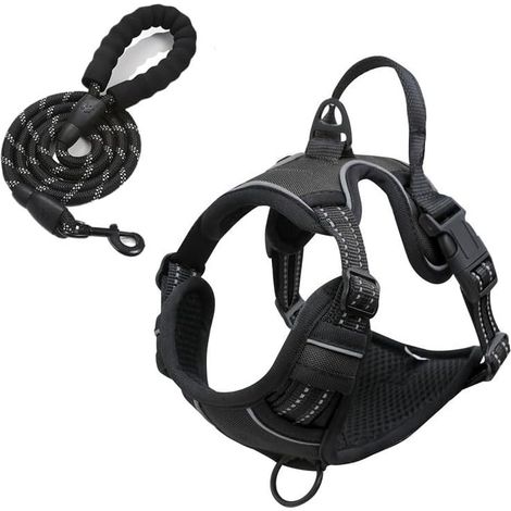 Arnés antitirones para perros + correa amortiguadora - Tamaño ajustable para perros medianos/grandes/extragrandes - Neopreno transpirable, no se ahoga - Negro, mediano