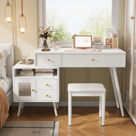 Coiffeuse bureau blanc 2 en 1 120 x 50 x 77,5 cm avec miroir LED rabattable 3 couleurs, plateau extensible, 3 tiroirs, tabouret et poignées métal (1/5)