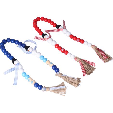 Guirlande de perles en bois rustique (2 pièces), 65 cm, perles décoratives colorées avec pompons, idéale pour la décoration intérieure de Noël (rouge et bleu). (1/5)