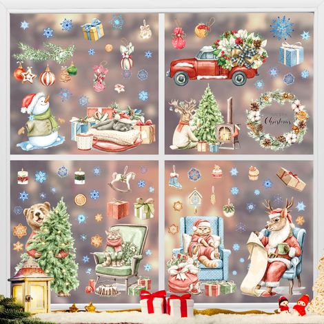 NoëL Autocollants Fenetre, 9 Feuilles Noel Fenetre Réutilisable, Noël Décoration Autocollant Fenetre, Decoration Noel Fenetre Electrostatique PVC Stickers, Flocon de Neige Deco Noel Fenêtre (1/5)