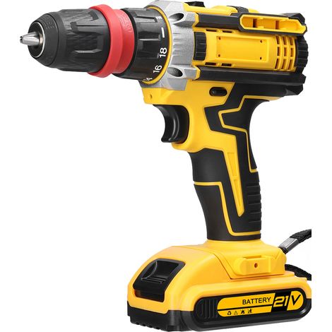 Perceuse Visseuse Sans Fil 21V, Visseuse Devisseuse avec 2 Batteries 1.3Ah,18+1 Réglages de Couple,2 Vitesses, LED, pour la Bricolage, Jaune (1/5)