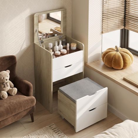 Station de maquillage 3 en 1 avec miroir pliant et tabouret, chêne blanc, gain de place (1/5)