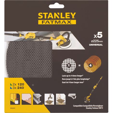 Stanley Fatmax – Pack de 5 disques abrasifs 225 mm – Grain 120/240 – Système velcro pour ponceuse Girafe – Durée de vie 4x supérieure - STA39297-XJ