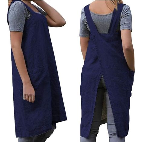 Japanische Arbeitsschürze – ärmellos, Baumwolle und Leinen, gekreuzter Rücken, mit Taschen – Marineblau (1/4)