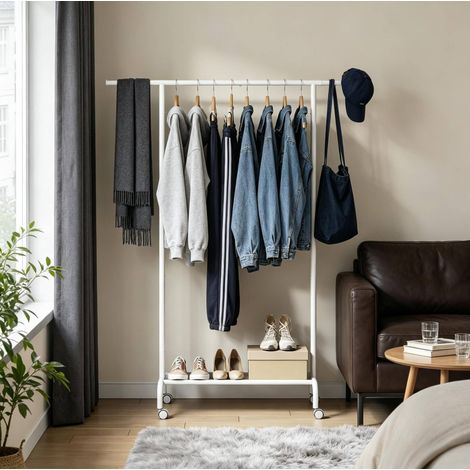 Appendiabiti in metallo bianco con ripiano in tessuto Oxford e ruote, 84-124 x 40 x 156 cm, estensibile (1/5)