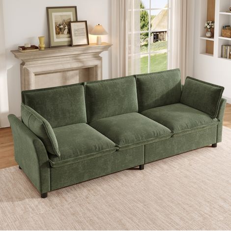 Divano a 3 posti 220x81x87 cm, modulare, con 2 cuscini bracciolo, struttura in metallo, chenille verde (1/5)