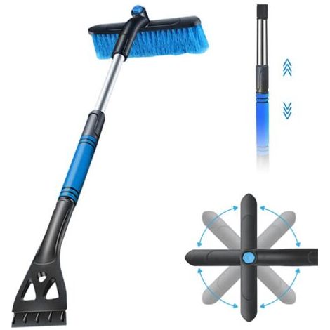 Grattoir à glace 2 en 1 pour voiture avec balai, grattoir à glace et fouet, tête de brosse à 360°, poignée en mousse antidérapante, pour voiture, camion, SUV, pare-brise (bleu)