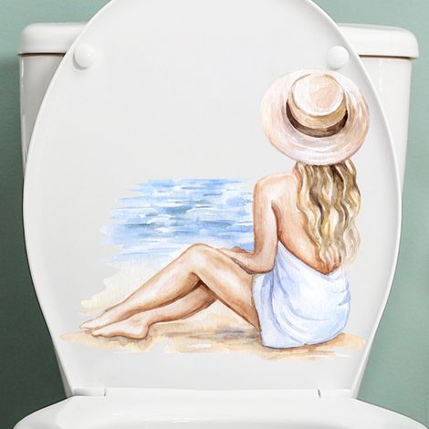 Autocollant de toilette étanche pour siège de toilette, fille de plage peinte, vue arrière, salle de bains, toilettes (1/5)