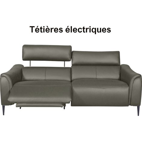 Canapé 3 places avec 2 relax en 100% tout cuir épais de luxe italien avec 2 relax électriques et 2 têtières électriques, MILAN, taupe (1/4)