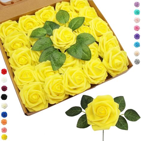 ING Lot de 25 roses artificielles en mousse jaune réalistes avec tige, décoration en vrac pour mariage, baby shower et Saint-Valentin-AquaForge (1/5)