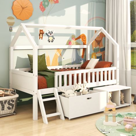 Letto a soppalco 90 x 200 cm con scala, cassetti e rete a doghe in legno, letto contenitore per bambini - Bianco (1/5)