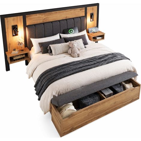 Lit double 160x200 en bois clair et tissu, avec lampes de lecture, ports USB-C, banc coffre et sommier métal, idéal pour une chambre élégante CHICFURN (1/5)