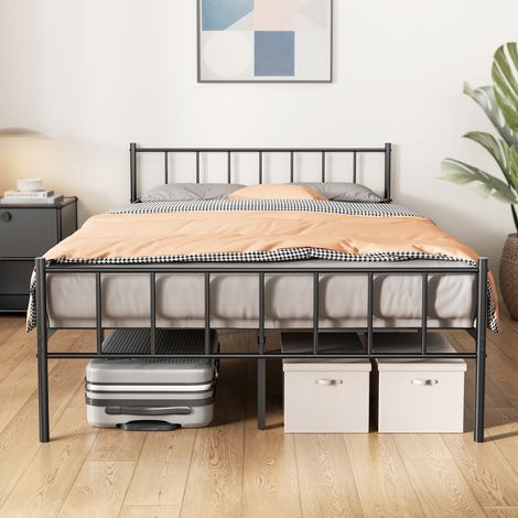 Sommier 140x200cm, cadre avec tête de lit et rangement 32cm, 14 lattes métalliques, pas besoin de sommier à ressorts, Silencieux, facile à monter, Noir