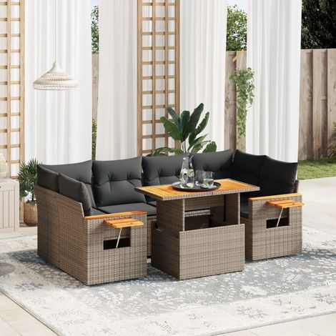 Set de sofás de jardín 7 piezas con cojines ratán PE gris vidaXL