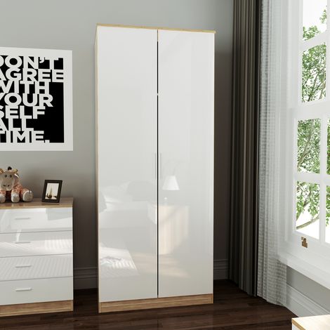 ELEGANT Soft Close 2 Doors Wardrobe with Metal Handles Includes a removable hanging rod and storage shelves High Gloss, White/Oak (1/5)