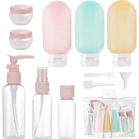 Botellas de viaje para llenar botellas de plástico, juego de viaje portátil de 11 piezas con botellas de spray, dispensador de bomba de champú, accesorio de avión (1/5)