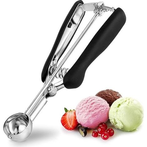 Paletta per gelato in acciaio inox per palline di gelato con manico in gomma antiscivolo e rivestimento antiaderente. Paletta professionale per gelato, adatta anche per impasti per biscotti, gelato ar (1/5)