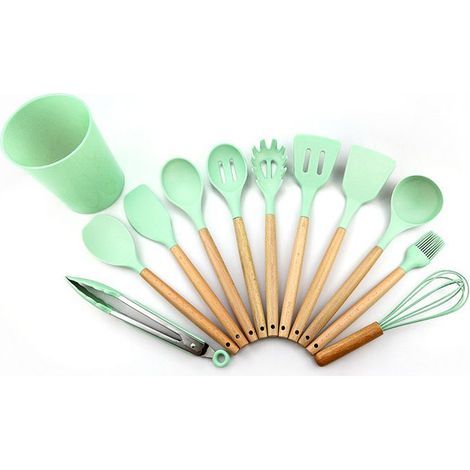 Utensilios de cocina - Verde - Juego de 11 piezas - Material de silicona - Mango de madera - Con caja de almacenamiento