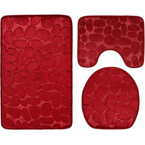 3Pcs Kit Tapis de Bain - Housse Couvercle Contour WC Tapis de sol - Rouge (1/4)