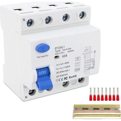 Disjoncteur Différentiel Type B, Interrupteur Différentiel 63A 3P+N+ DC 6mA Disjoncteur Différentiel Triphasé, 400V 63A 30mA Disjoncteur de Courant (1/5)