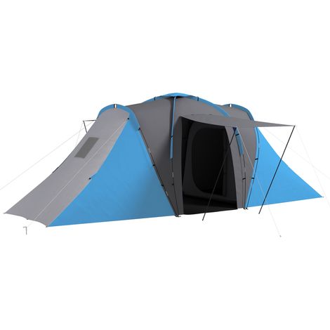 Tente familiale 4-6 places, imperméable, légère, montage rapide, 2 larges ouvertures, dimensions 5,55 x 2,25 x 1,9 m, gris foncé et bleu