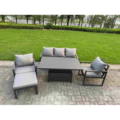 Fimous 5-Piece Aluminium Garden Furniture Sets 6 Seater Outdoor Sofa Set with Adjustable Rising Lifting Dining Table 2 Chairs Big Footstool (1/5)