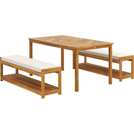 GagaEnsemble salon de jardin 3 pieces table avec trou parasol 2 bancs teck (1/5)