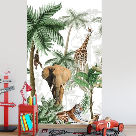 Papier peint intissé forêt tropicale panoramique, animaux de la jungle, illustration et photo, 250 cm X 150 cm. (1/2)