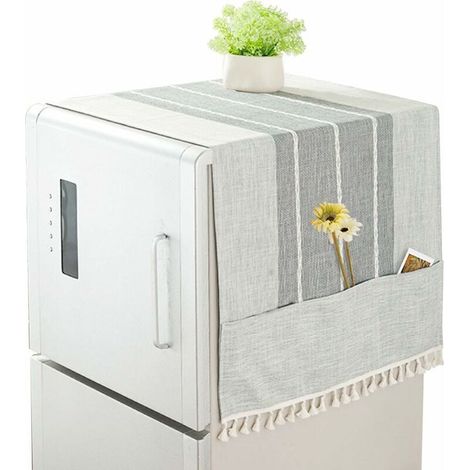 Housse de Protection Couvercle Anti-poussière pour Lave-Linge Réfrigérateur Tissu en Coton et Lin Micro-Ondes Couvercle Couvercle de Machine à Laver avec Sacs de Rangement (Gris rayé,60 X 140cm (1/5)