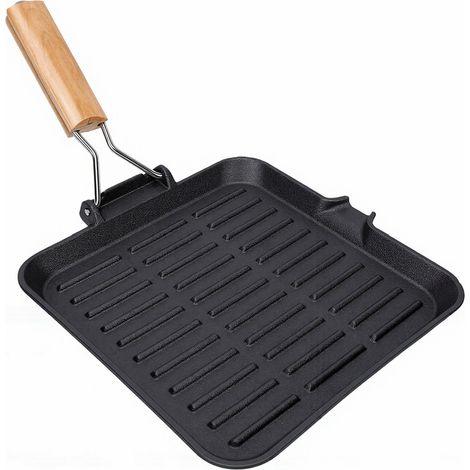 Poêle à griller carrée en fonte émaillée avec poignée pliable rainurée, idéale pour les steaks et les légumes. (1/5)