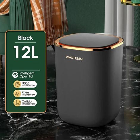 Poubelle automatique de salle de bain (noire, rechargeable par USB, 12 L), poubelle à capteur intelligent, poubelle de luxe (1/5)