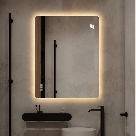 REDOM - Specchio da bagno 60x80x5 cm, retroilluminazione LED, antiappannamento, intensità regolabile, vetro, argenté (1/5)