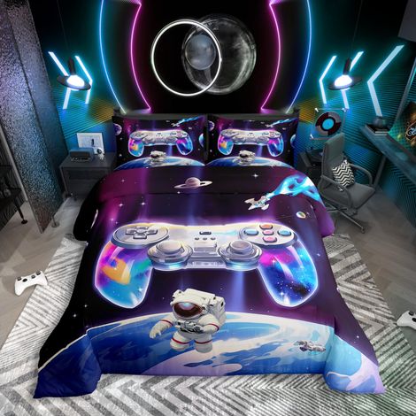 Parure de lit avec housse de couette 155 x 220 cm, motif manette de jeu, pour enfants adolescents, décor de chambre à coucher (1/5)