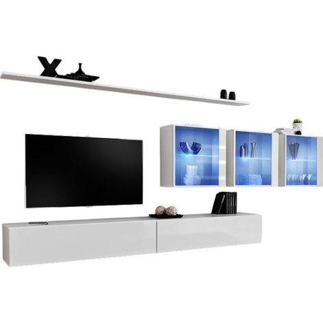 Wandkomposition SWITCH XVII – Doppeltes TV-Möbel, LED-glasierte Würfel und Regale – Hochglanz Weiß – Modernes Design