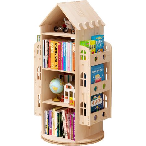 Sinbinta – Bibliothèque triangulaire rotative en bois massif – Dimensions 59 x 125 cm – Base rotative 360° – Pour enfants et rangement décoratif (1/5)