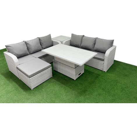 Fimous Outdoor Garden Furniture Sets 7 Seater Wicker Rattan Furniture Sofa Sets with Adjustable Lifting Dining or Coffee Table high Back Lounge Sofa Big Footstool Side Table Light Grey (1/5)