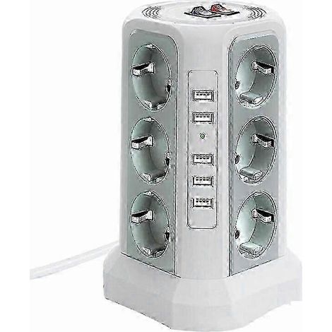 Multiprise tour avec 12 prises secteur, 5 ports USB, 3 interrupteurs indépendants et un câble de 2 mètres. (1/4)