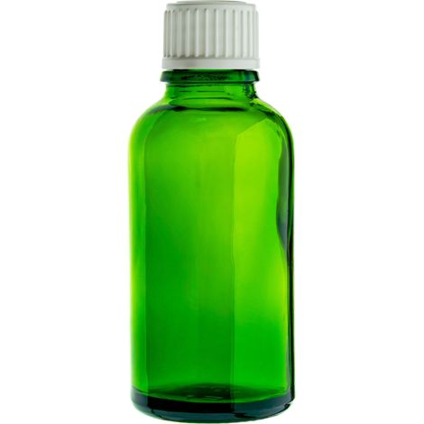 Flacon en verre vert de 30 ml avec bouchon blanc, filetage 18/415 (1/4)