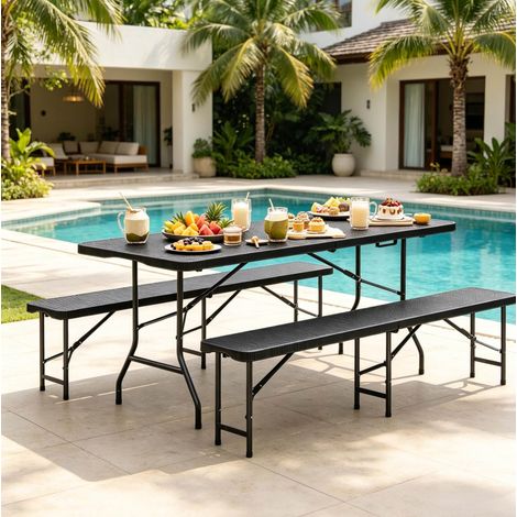 Set tavolo e panche pieghevoli da giardino in HDPE e metallo, nero, 180 cm (1/5)
