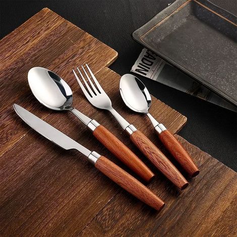 (Argent) Ensemble de couverts à manche en bois, couteau, fourchette et cuillère en acier inoxydable compatible lave-vaisselle. Ustensiles de cuisine. (1/2)