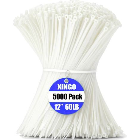 Lot de 5 000 attaches autobloquantes en nylon PA66 pour une utilisation en intérieur et en extérieur - 30,5 cm - Résistance à la traction de 27,2 kg - Blanc (1/5)