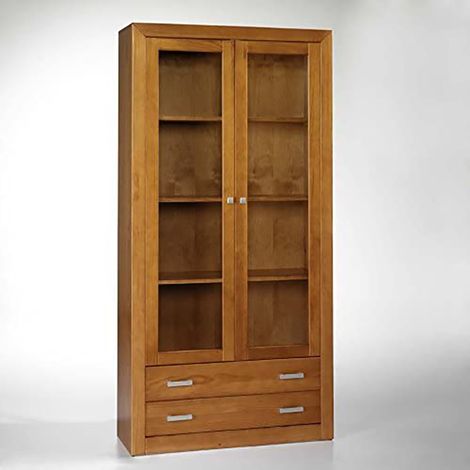 Pegane – Vitrine meuble de rangement 2 portes en pin massif cerisier – Dimensions 100 x 37 x 200 cm – Assemblage facile (1/5)