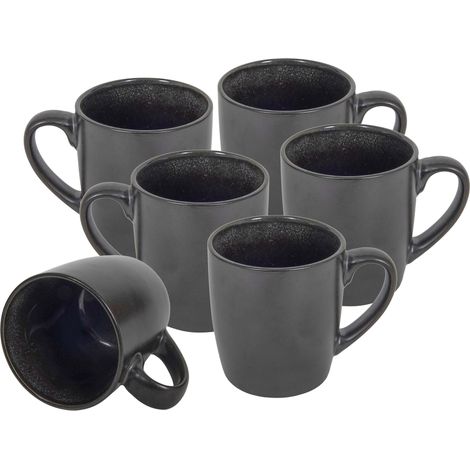 Kaffeebecher 6er Set je 350 ml - schwarz metallic / innen glänzend - Kaffeebecher mit Henkel - Tee Becher Kaffee Tasse aus Porzellan