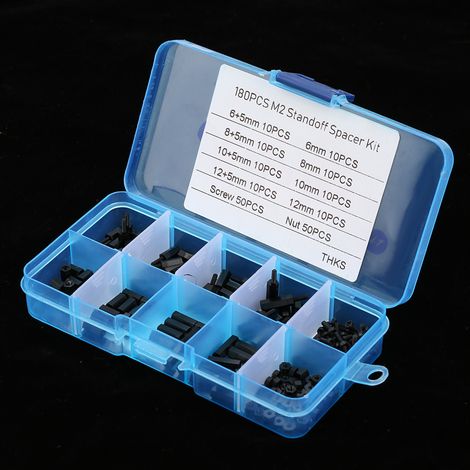 Assortiment de 180 goujons et écrous noirs M2 (à filetage extérieur et intérieur) dans une boîte (1/5)